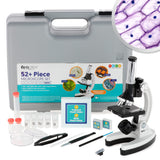 AmScope 120X1200X 52pcs Kids Beginner Microscope STEM Kit with Metal Body Microscope, Plastic Slides, LED Light and Carrying B