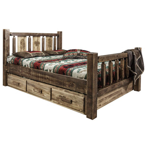 Montana Woodworks Homestead Collection Queen Storage Bed With Laser Engraved Pine Design, Stain & Clear Lacquer Finish