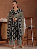 Libas Womens Printed Cotton Straight Kurta With Palazzos And Dupatta Black L 36915