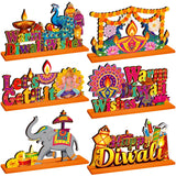 CroBlissful 6 Pcs Diwali Wooden Table Centerpiece Warm Diwali Washes Wooden Table Sign Festival Candle Elephant Peacock Signs Fa