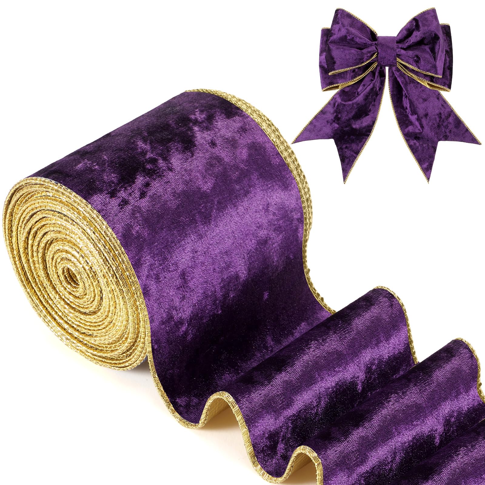 Riceshoot Christmas 4 Inch Velvet Ribbon 10 Yards Purple Wide Wired Velvet Ribbon with Gold Edge for Wrapping Bow Gift Box DIY