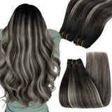 YoungSee Ombre Black Weft Hair Extensions Human 16 inch Sew in Real to Silver 100g 3.5274 Ounce