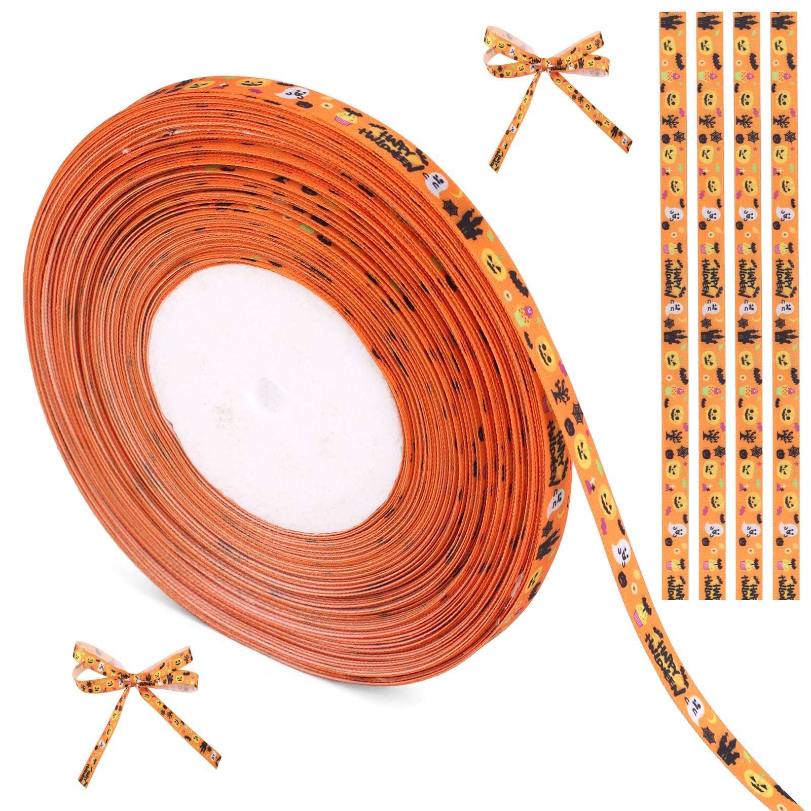Halloween Ribbon for Wreaths, 50 Yards Polyester Pumpkin Ghost Spider Printed Halloween Wired Edge Fall Autumn Grosgrain Orange 