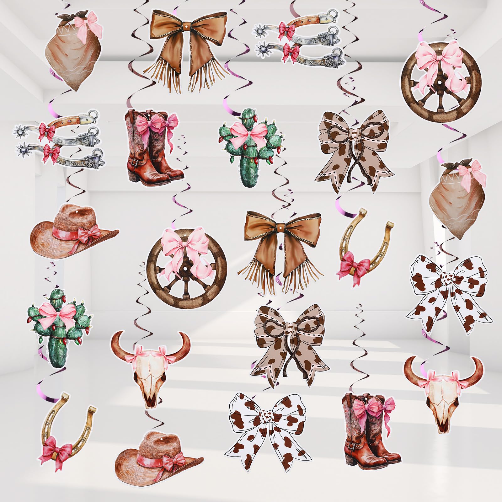 Affrolling 52 Pcs Cowgirl Coquette Bow Western Party Decorations Hanging Swirls Wild West Birthday Decor Bow Cowgirl Themed Swir