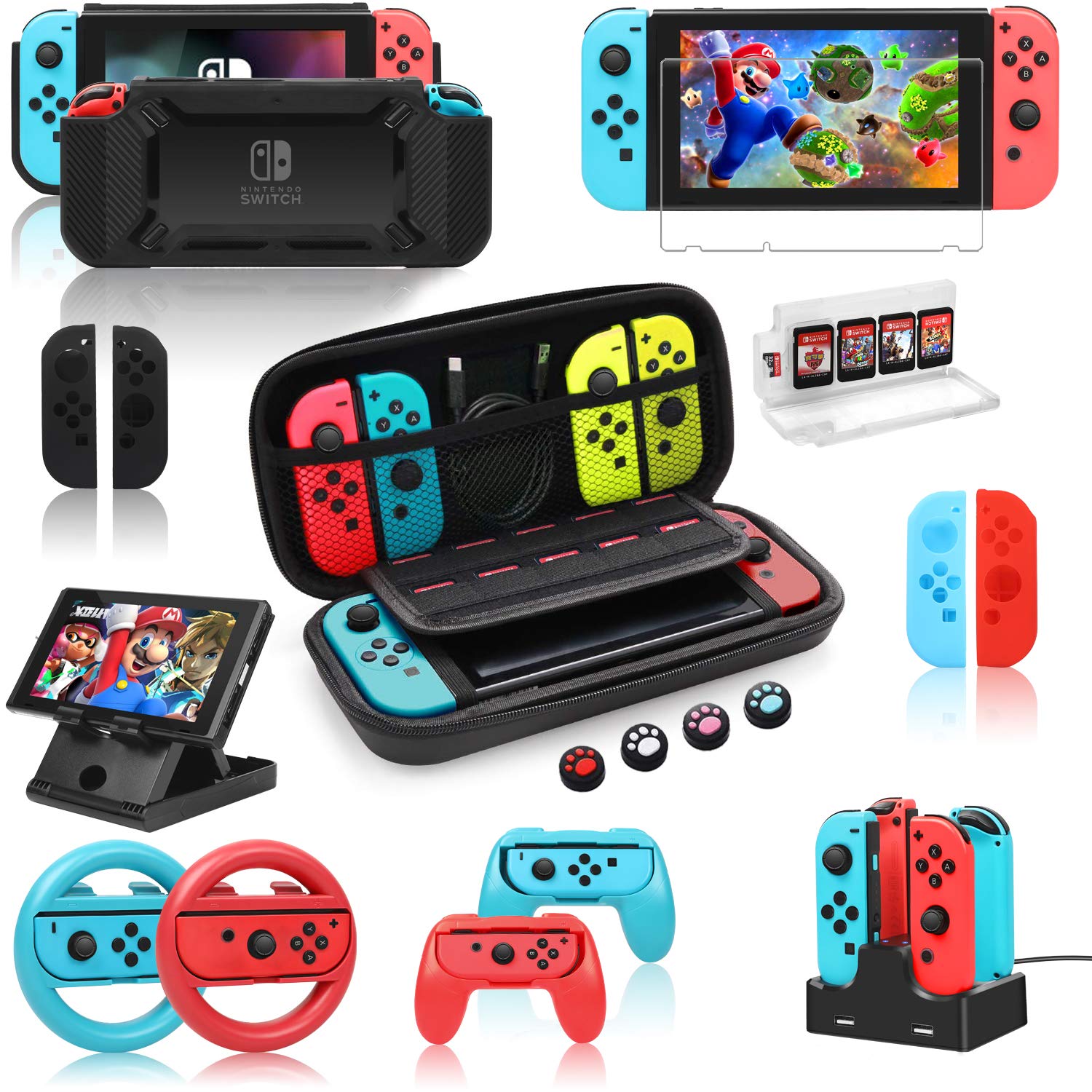 Switch Accessories Bundle for Nintendo Switch, Kit with Carrying Case, Screen Protector,Charging Dock,Compact Playstand,Protecti