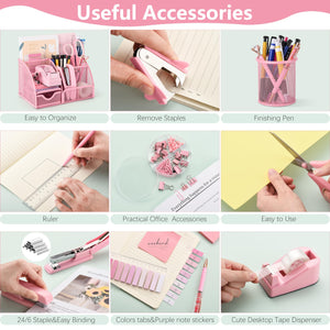 11 Pcs Pink Office Supplies Set Mesh Desk Organizer Accessories Kit Include Stapler Tape Dispenser Staple Remover Clips Ruler Sc