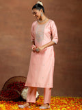 Libas Women'S Silk Blend Embroidered Kurta Set (Gs951_Peach Peach Xs