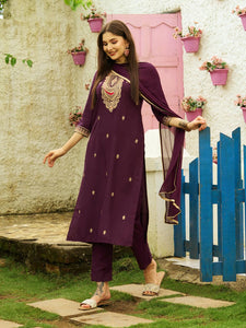 Gosriki Women'S Cotton Blend Embroidered Straight Kurta With Pant & Dupatta (Batti Wine-Gs_Xxl_Wine_Xx-Large),Wine,2,B0CKLQW87K