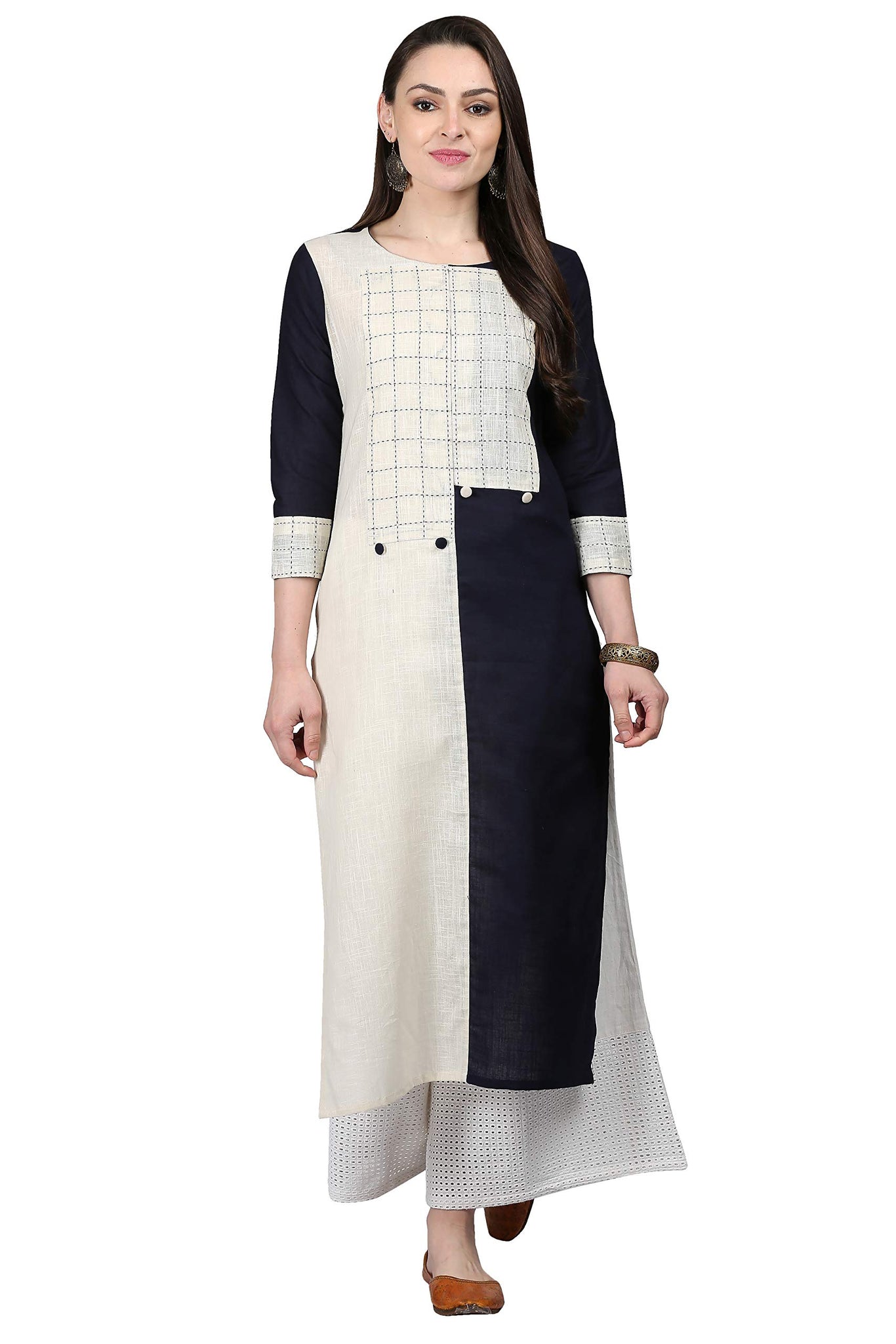 Anni Designer Women'S Black & White Color Rayon Fancy Long Thread & Button Work Kurti(Kur190074-Xxl_Black & White),Black & White,2XL,Rayon,Regular,Saree