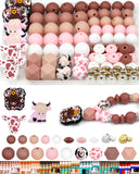 112PCS FIVEIZERO 12mm 15mm Cow Focal Silicone Beads for Keychain Making, Round, Lentil, Hexagonal, Print, 10mm Rhinestone Rondel