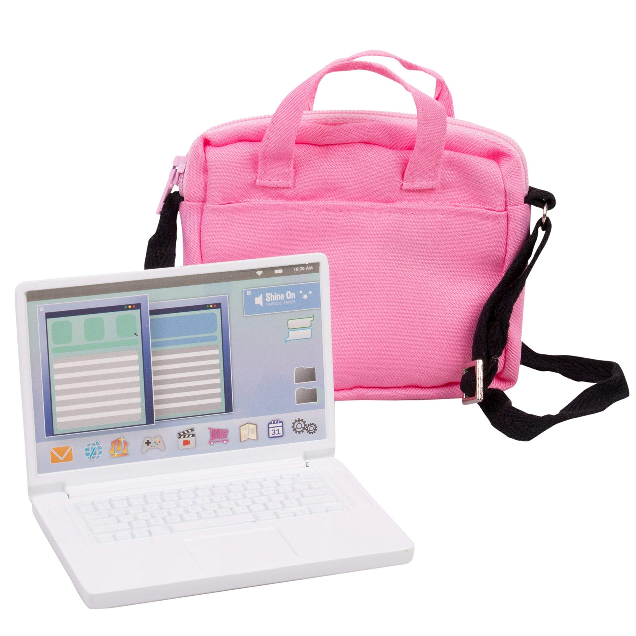 Metal Computer Laptop w Carrying Bag Made for 18 Dolls - Durable Metal Construction w Detailed Display & Pink Accessory Case C