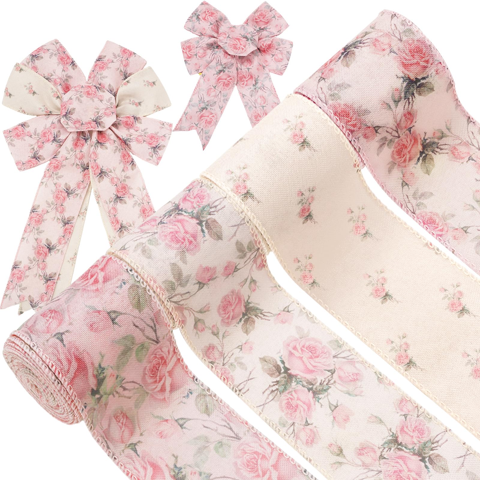 Generic 4 Rolls Pink Floral Wired Ribbon 2.5 Inch Vintage Rose Flower Ribbon for Bow Wreath Craft Gift Wrap Spring Summer Holida