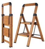 BIBKOKE Step Ladder 2-Step Woodgrain Finish Aluminum Folding Step Ladders,Anti-Slip Max 330 lbs