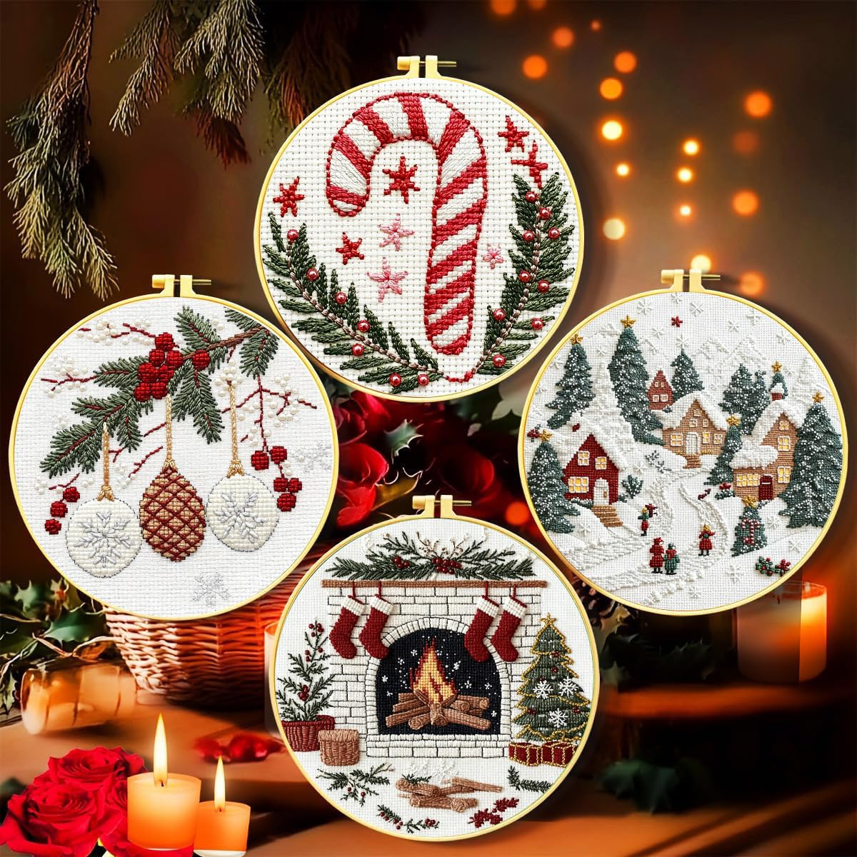 Zhenqing 11CT Stamped Cross Stitch Kit for Adults - 4-Piece Christmas Embroidery Set with 20x20cm Fabric, Plastic 16cm Hoop, Thr
