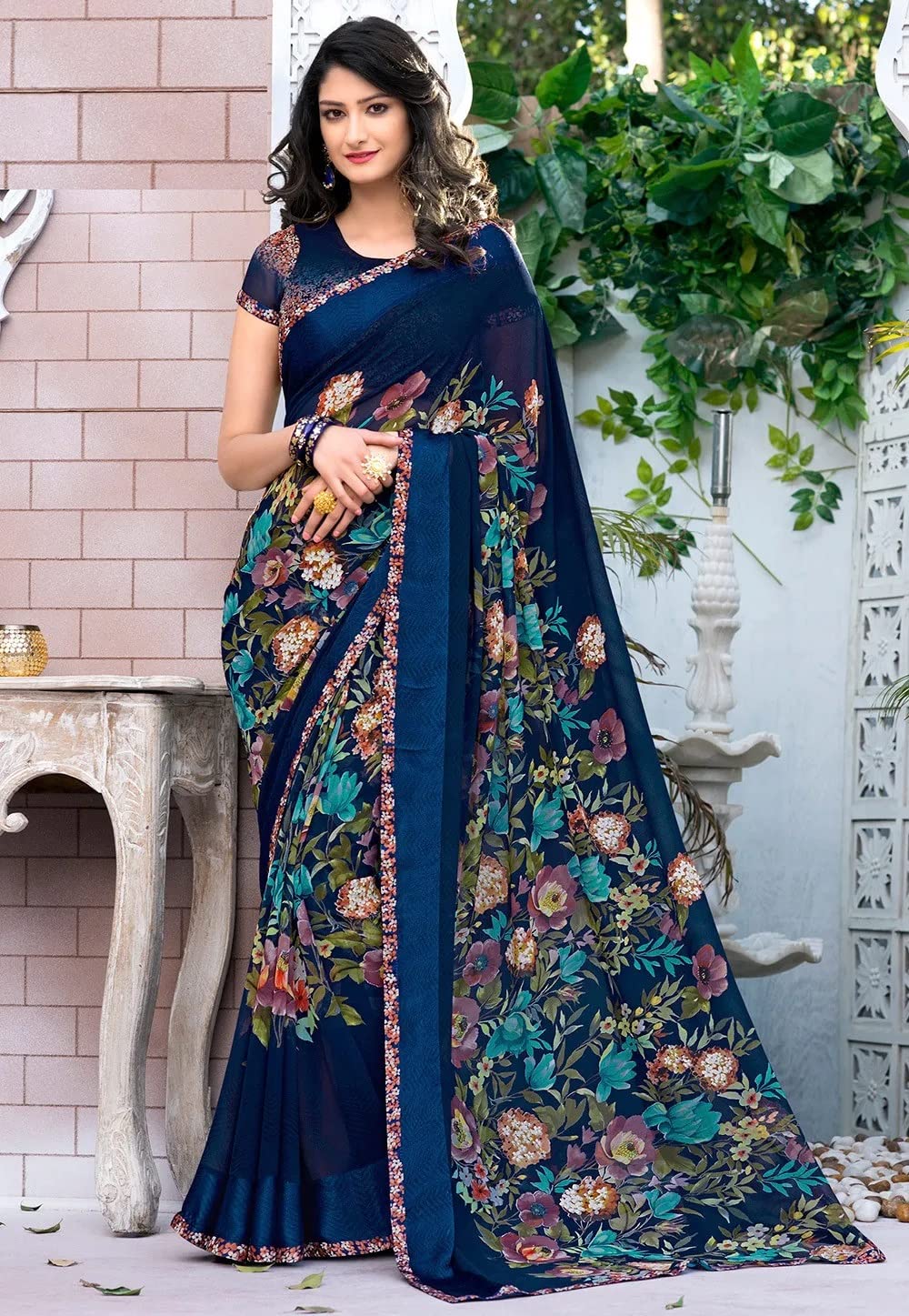 Gosriki Women'S Georgette Blend Printed Saree With Blouse Piece (Maha-Blue-Gs_Blue_Free Size),Blue,,B0BJ747J4T