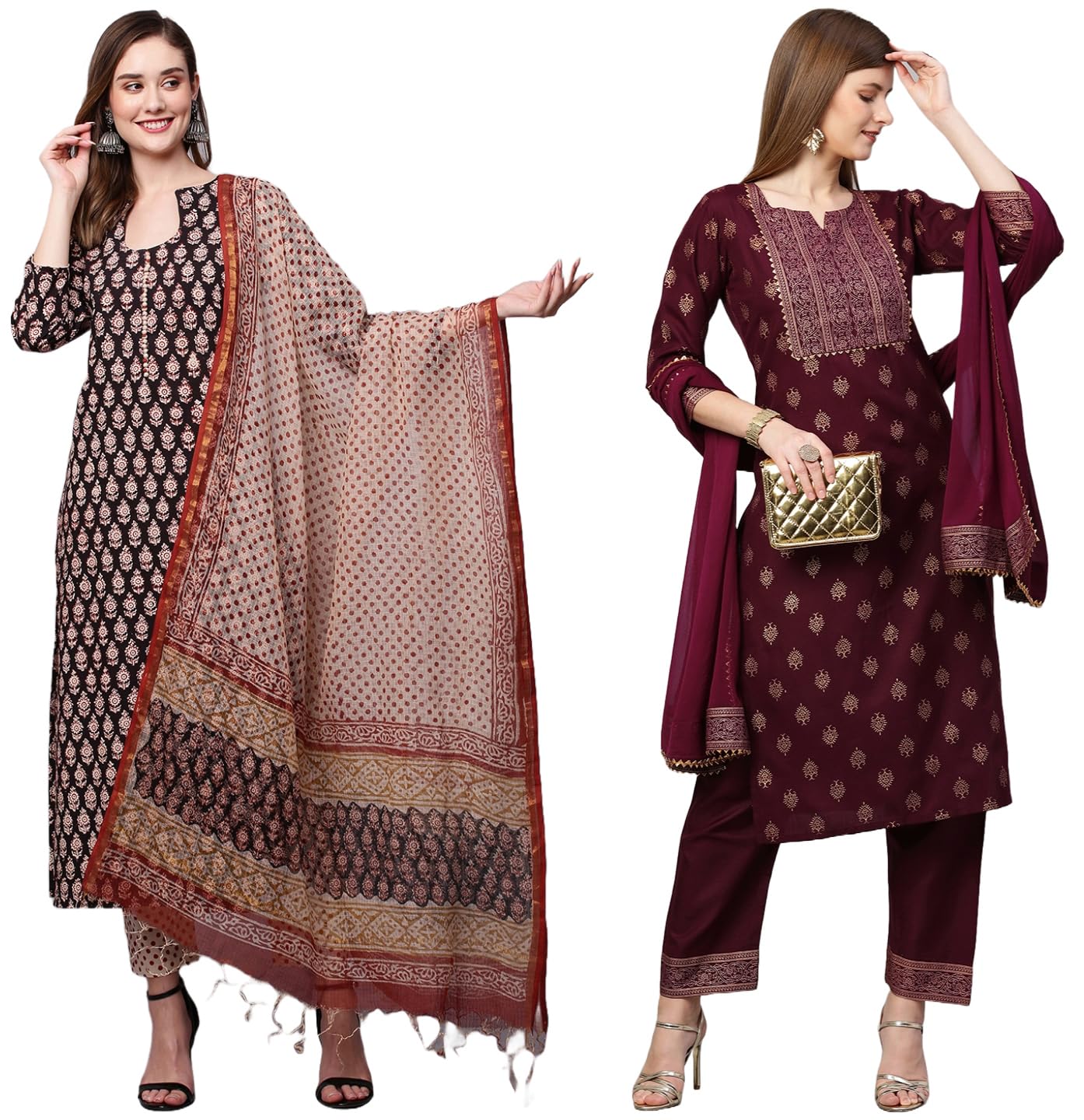 Anni Designer Women'S Cotton Blend Printed Straight Kurta With Pant & Dupatta Pack Of 2 (Combo-Nayantara Black-Coco-Wine_Multicolor_Xx-Large),Multicolour,2XL