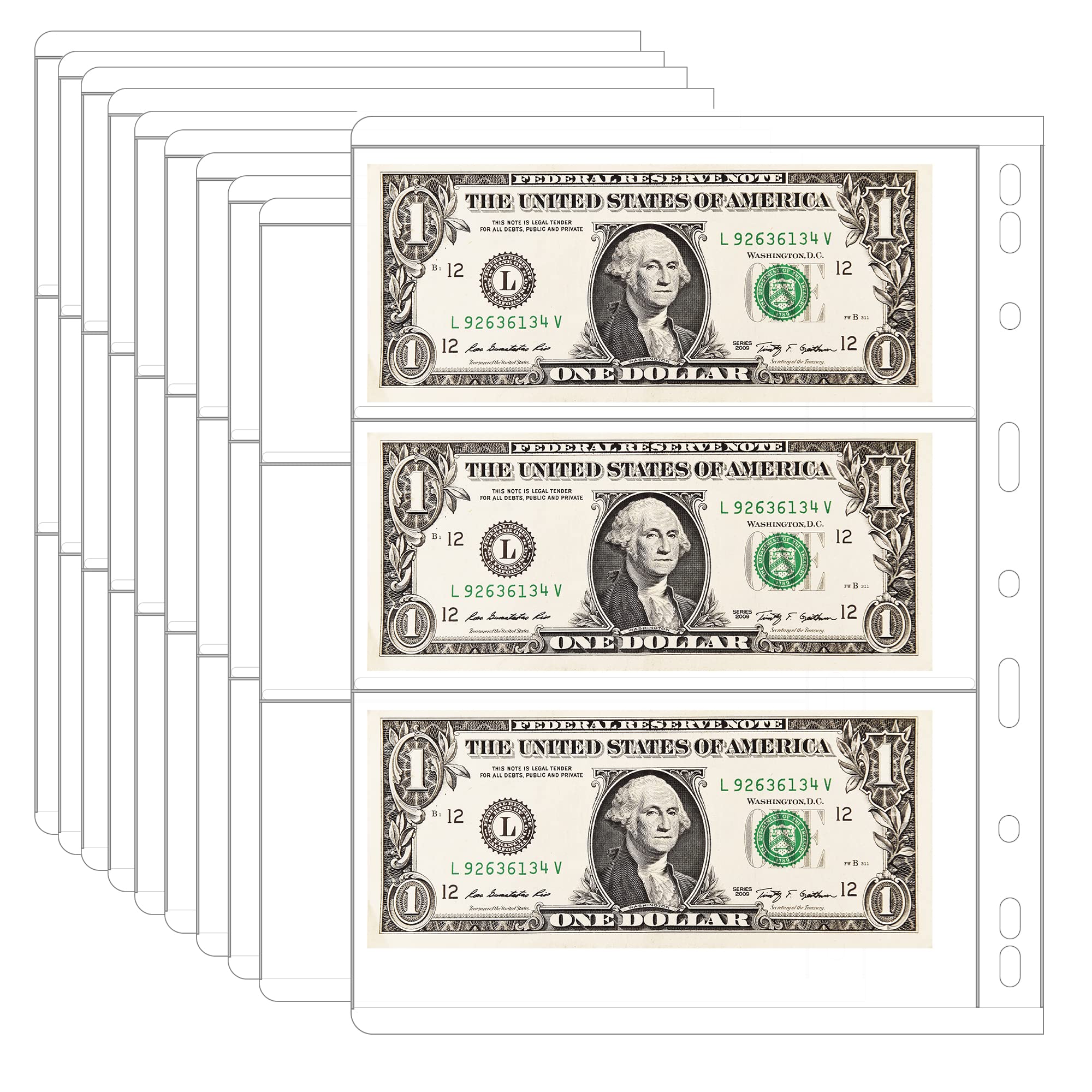 10Pcs Money Banknote Paper Money Album Page Collection Holder Sleeves Loose Leaf Sheet Protection Album (3 pocket paper money)