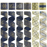 HUIHUANG Navy Blue Wired Ribbon for Christmas Tree Blue and Gold Christmas Ribbon Wired Navy Ribbons for Bows, Wreaths, Garlands