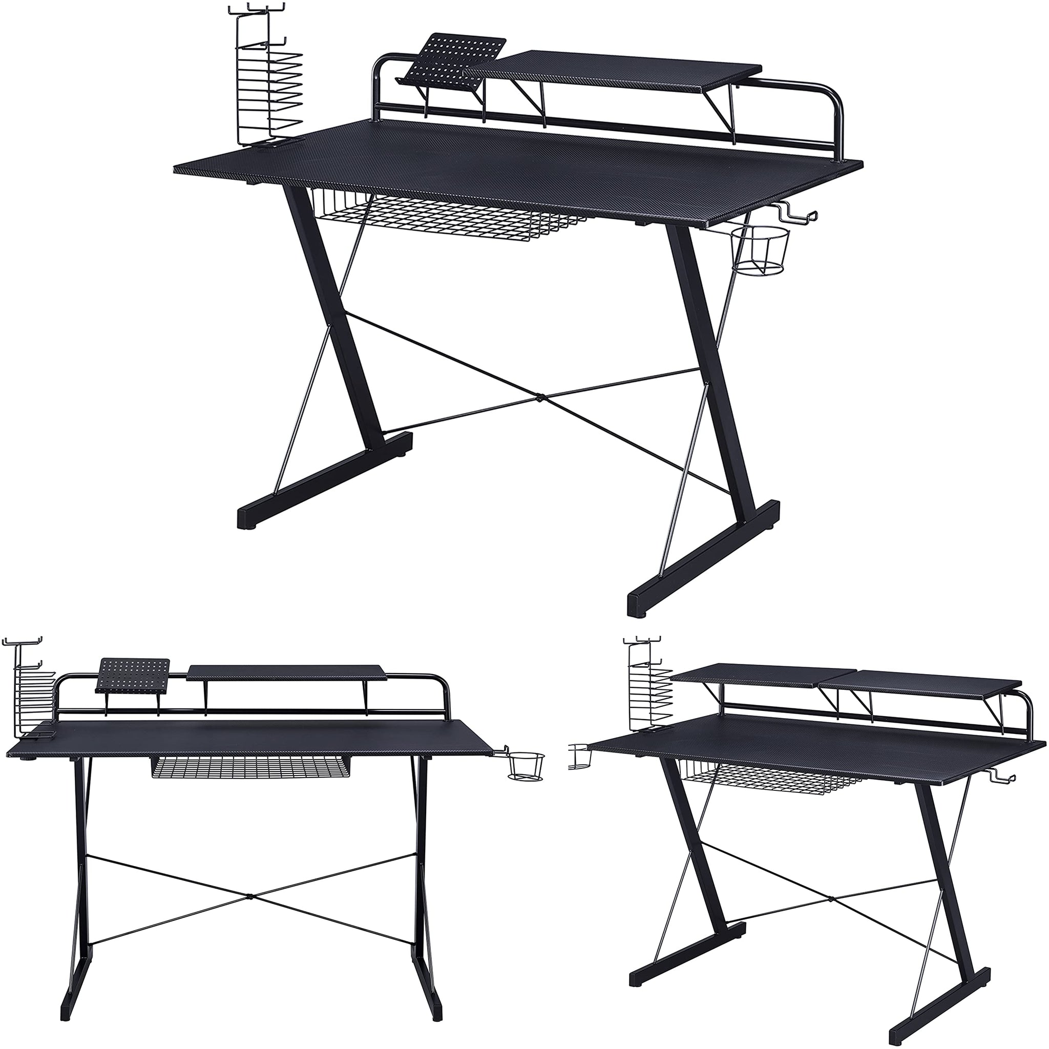 Techni Sport Gaming Desk - Two-Way Computer Desk With Elevated Monitor Stands, Cd Rack, Cup Holder, & Accessories Storage For A Complete Gaming Setup - Carbon Laminated With Durable Steel Frame