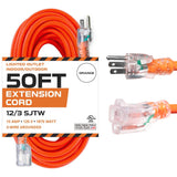 IRON FORGE CABLE 50 Ft Orange Extension Cord - 12/3 SJTW Heavy Duty Lighted Outdoor Extension Cable with 3 Prong Grounded Plug f
