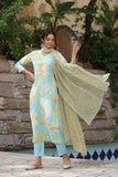 Gosriki Women'S Cotton Blend Straight Printed Kurta With Pant & Dupatta (Sohini Pista-Bfv-Gs_S_Pista_Small),Pista,,B0CPXVCDBS
