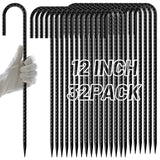 AAGUT Rebar Stakes 12 Inch 32 Pack, J Hook Premium Black Coated Ground Garden Anchors Heavy Duty, Superior Rust Resistance Chain
