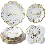 Kate Aspen 72pc Gold Foil Cheers & Dots Tableware Set Party Kit - 24pcs 7 inch & 9 inch Heavy Duty Disposable Party Plates, 24pc