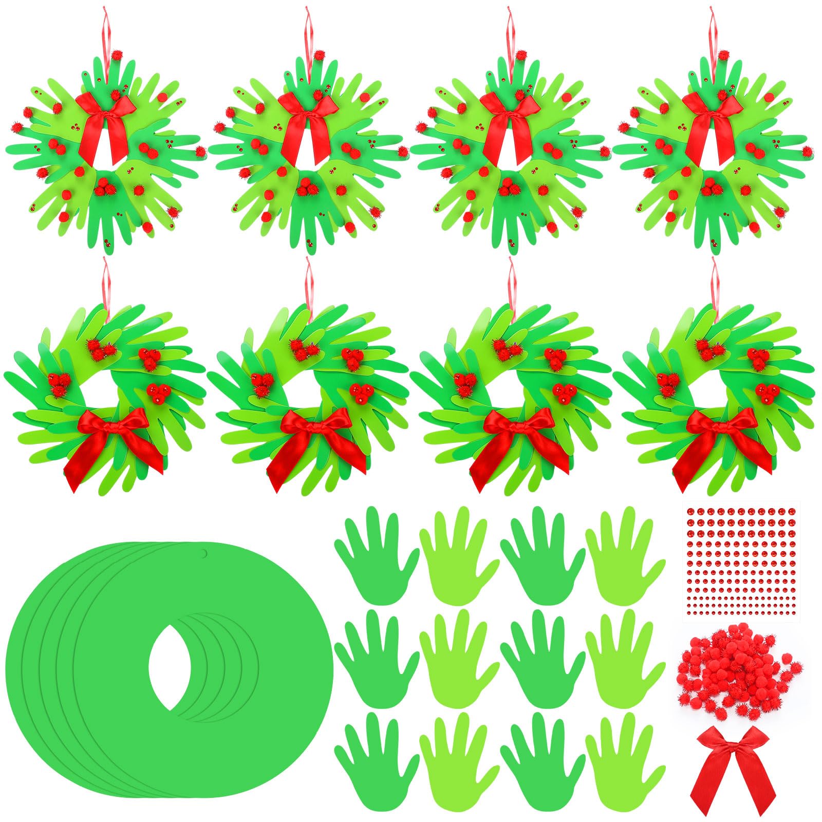 Hollowfly 48 Set Christmas Handprint Wreath Craft Kits DIY Paper Hand Print Wreath Hanging Ornaments Make Your Own Xmas Craft wi