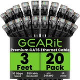 GEARit Cat 6 Ethernet Cable Pack - 20-Pack 3 ft Cat6 Ethernet Patch Cables | RJ45 Network Patch Cable, 10 Gbps Snagless Gold-Pla