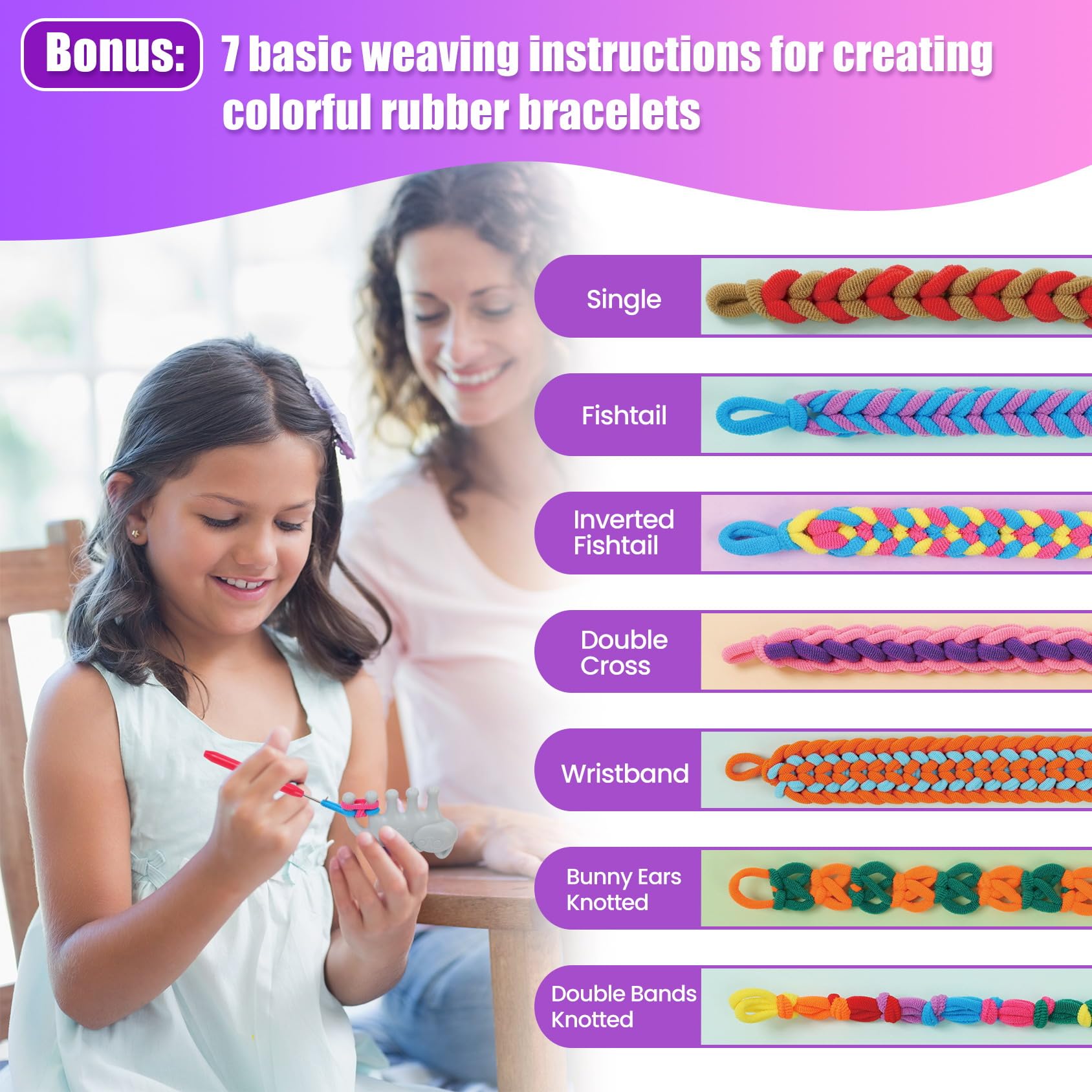 FUNiOi Kids Art and Craft Kit, Rubber Band Bracelet Make Toy, Cat Weaving Comb, 1000+ Colorful Hair Ties, DIY, Organizer Case, G