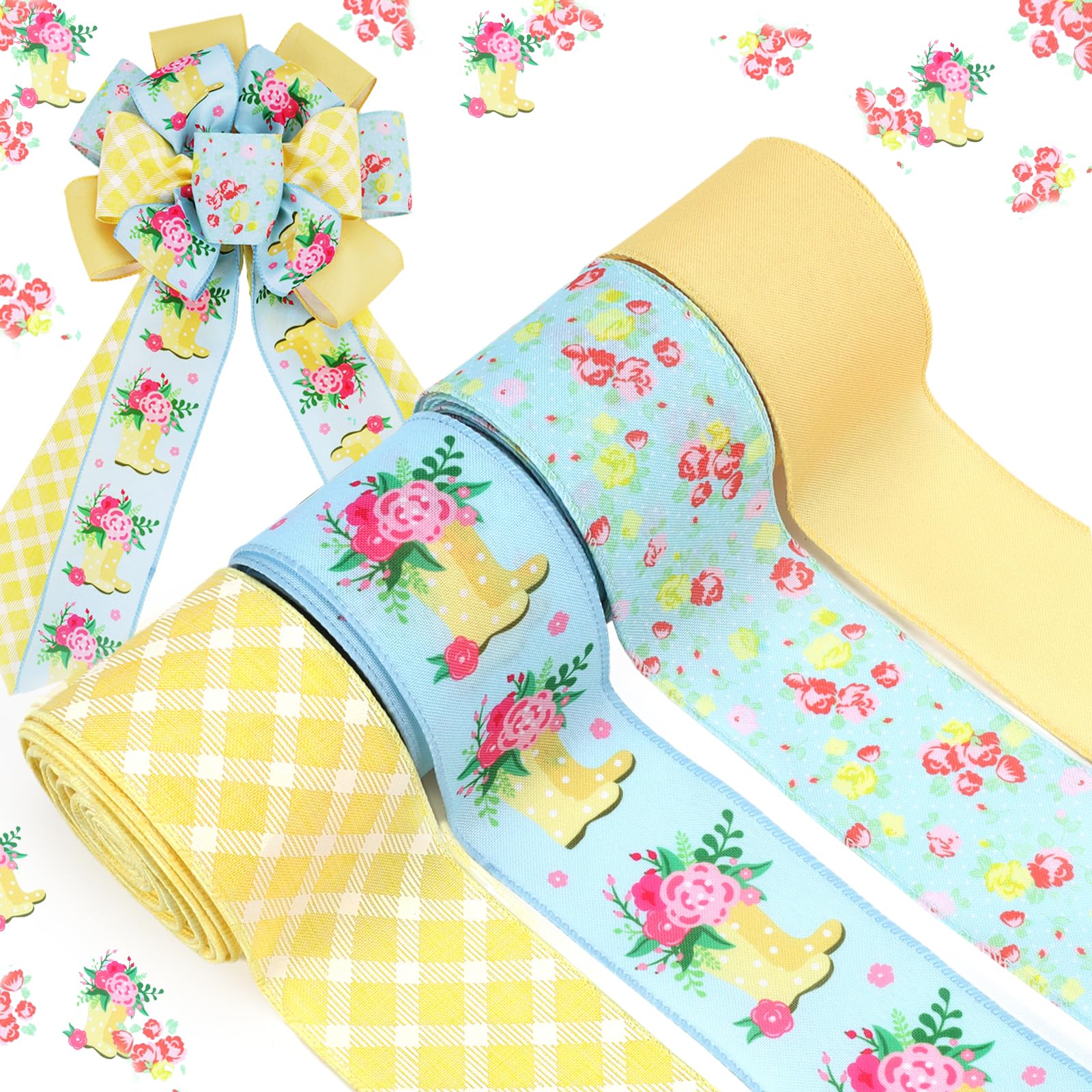 LaRibbons Floral Ribbon Wired 4 Rolls 2.5 Inch x 24 Yards TTL, Blue and Yellow Rain Boots Spring Ribbon with Plaid and Polka Dot