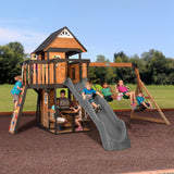 Backyard Discovery Canyon Creek Cedar Wood Swing Set with Wave Slide, Clubhouse, Play Kitchen, Picnic Area, Belt Swings, Web Swi