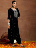 Libas Gerua Womens Embroidered Silk Blend Straight Kurta With Salwar And Dupatta Black M