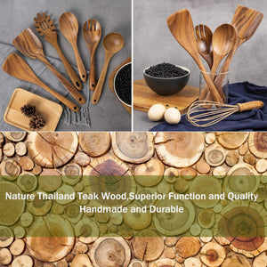 10 Pack Wooden Spoons for Cooking, Teak Wood Kitchen Utensils Set for Non Stick Use, Spatula Set for Stirring, Baking, Non Stick