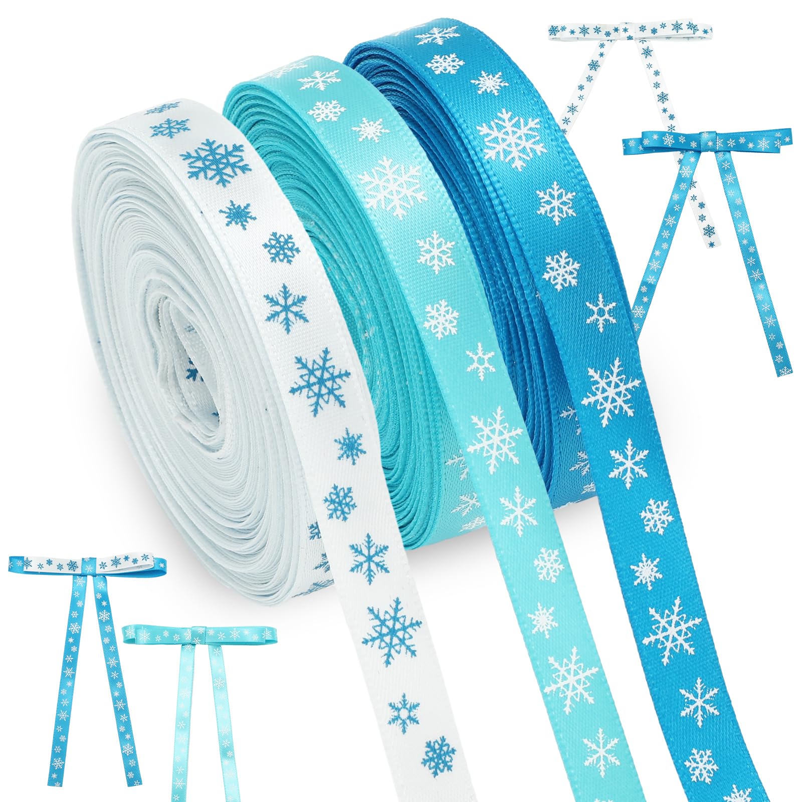 JarThenaAMCS 6 Rolls 60 Yards Frozen Snowflake Ribbon 3/8 Wide Blue White Snowflake Wired Edge Ribbon Xmas Satin Decor for Winte