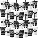 Sieral 30 Pcs Checkered Cups with Straws and Lids 16 oz Race Car Cups White Black Checkered Flag Plastic Tumblers Reusable Iced 