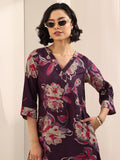 Libas Womens Printed Silk Blend Straight Kurta With Palazzos Burgundy Xl