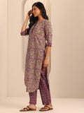 Libas Womens Printed Cotton Straight Kurta With Trousers Purple 2Xl