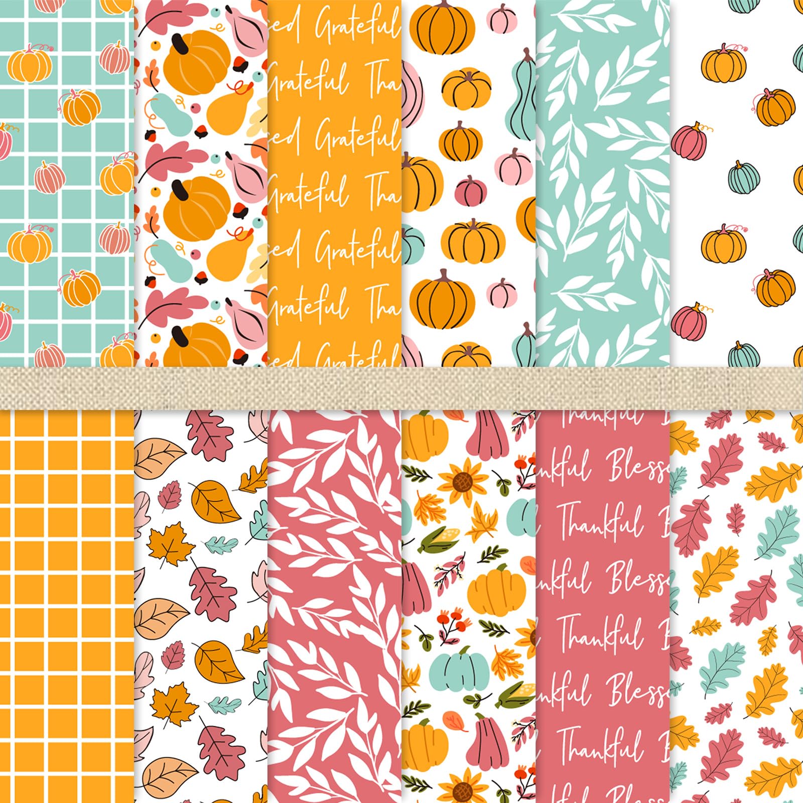 FYSUIMU 60 Sheets Fall Pattern Paper Pink Orange Cyan Pumpkin Leaves Scrapbook Specialty Paper Double Sided for Autumn Thanksgiv