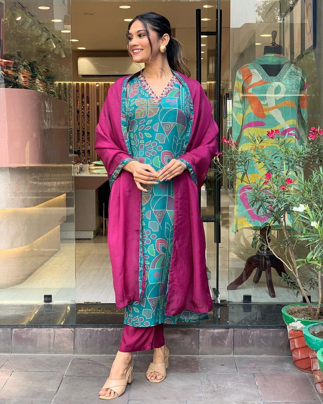 Anni Designer Women'S Cotton Blend Straight Printed Kurta With Pant & Dupatta (Down-Rama-Green_M_Green_Medium),Rama Green,M,Cotton Blend,DOWN-RAMA-Green_239,Kurta, Scarf