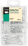 Dritz 1480 Safety Pins with Storage Box, Nickel plated Steel & Brass, Assorted Sizes (100-Count)
