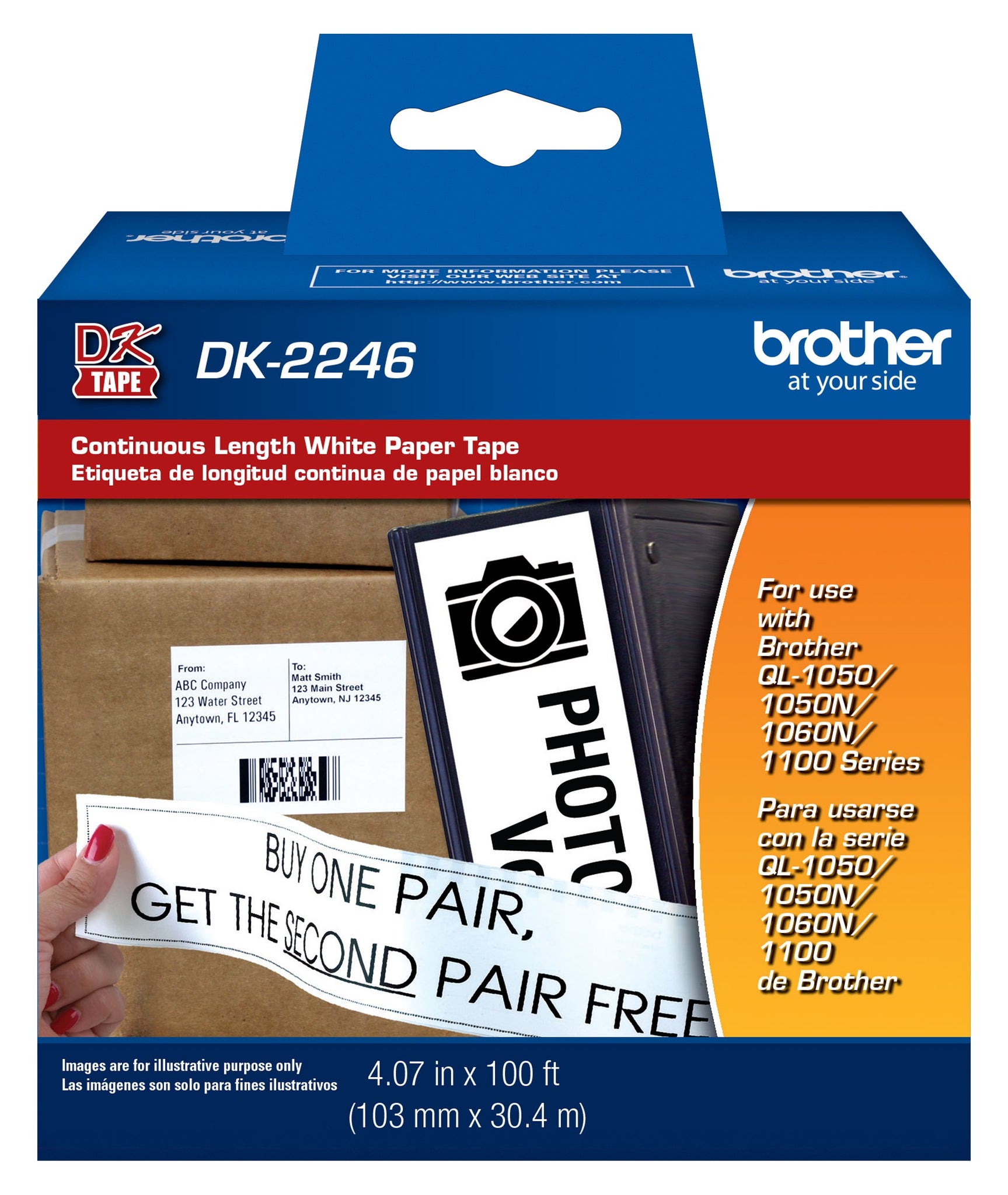 Brother Genuine DK-2246 Label Paper for Brother QL Label Printers - Continuous Length Black on White Paper Labels, 4.07x 100