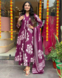 Gosriki Women'S Rayon Blend Anarkali Printed Kurta With Pant & Dupatta (Jasiwal Wine-Gs_L_Wine_Large),Wine,,B0DP2C51KQ