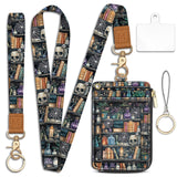 Goth Bookshelf Skull Lanyard Wallet with ID Badge Holder, Witchy Small RFID Wallet Women Keychain Wristlet, Slim Credit Card Hol