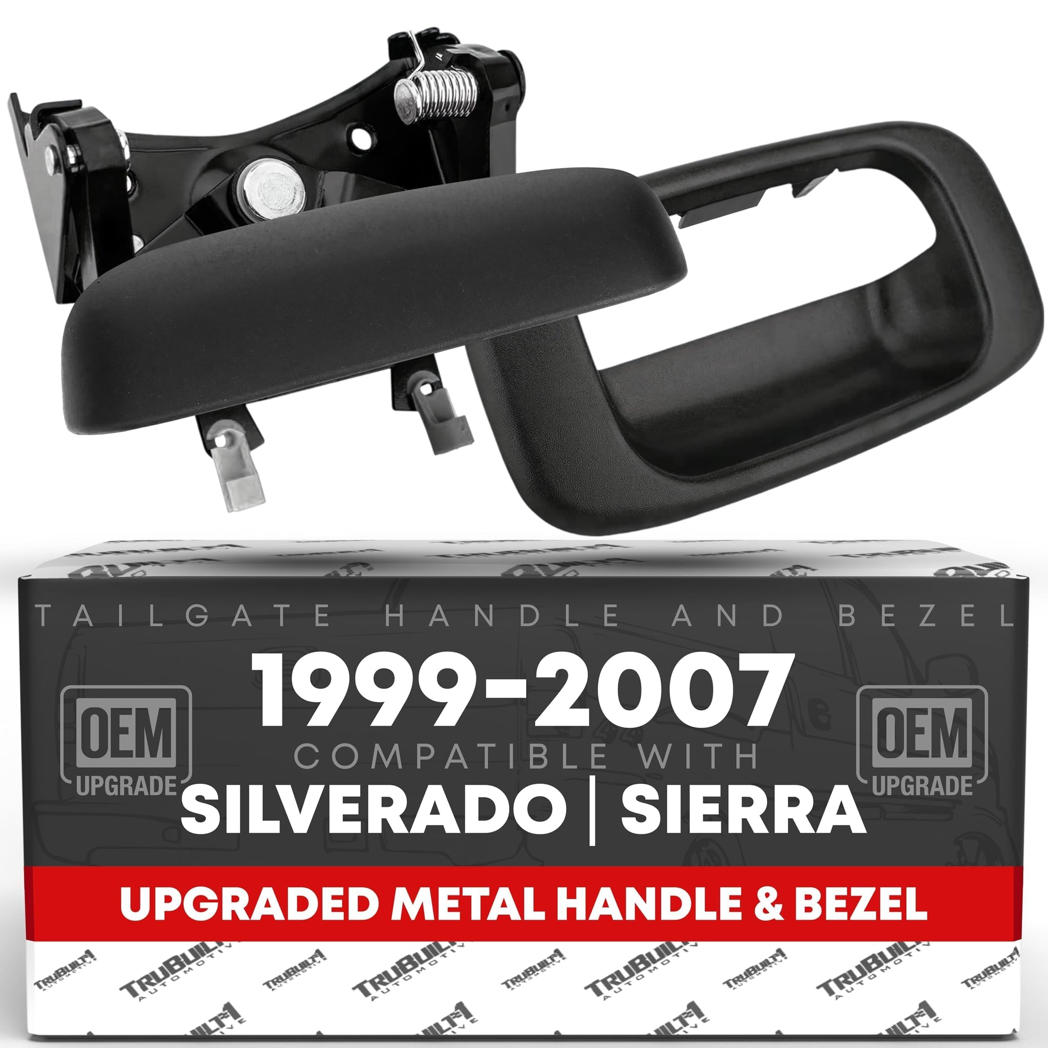 Tailgate Handle Latch w/Improved Bezel Trim with Rod Clips - Upgraded Metal Handle Compatible with 1999-2007 Chevy Silverado GMC
