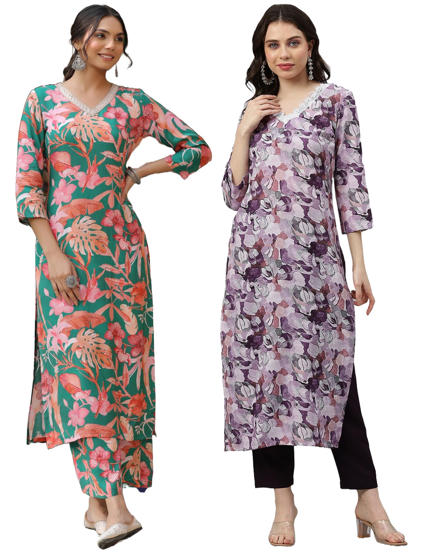Anni Designer Women'S Cotton Blend Printed Straight Kurta With Pant Pack Of 2 (Chinki Green-Southz Purple_Xl_Multi_X-Large),Multicolour,XL