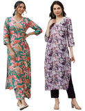 Anni Designer Women'S Cotton Blend Printed Straight Kurta With Pant Pack Of 2 (Chinki Green-Southz Purple_Xl_Multi_X-Large),Multicolour,XL