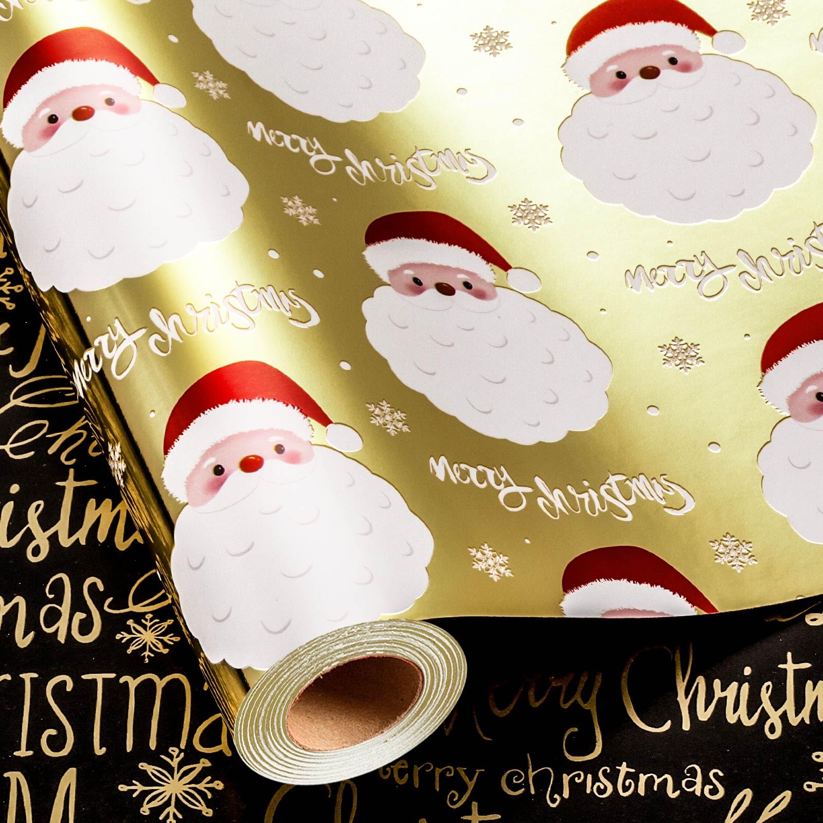 MAYPLUSS Gold Santa Claus Wrapping Paper Roll, 17IN X 33FT Christmas Gift Wrap Paper Featuring Reversible Merry Christmas for Ho