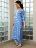 Libas Womens Printed Cotton Straight Kurta With Trousers And Dupatta Blue 2Xl 48897