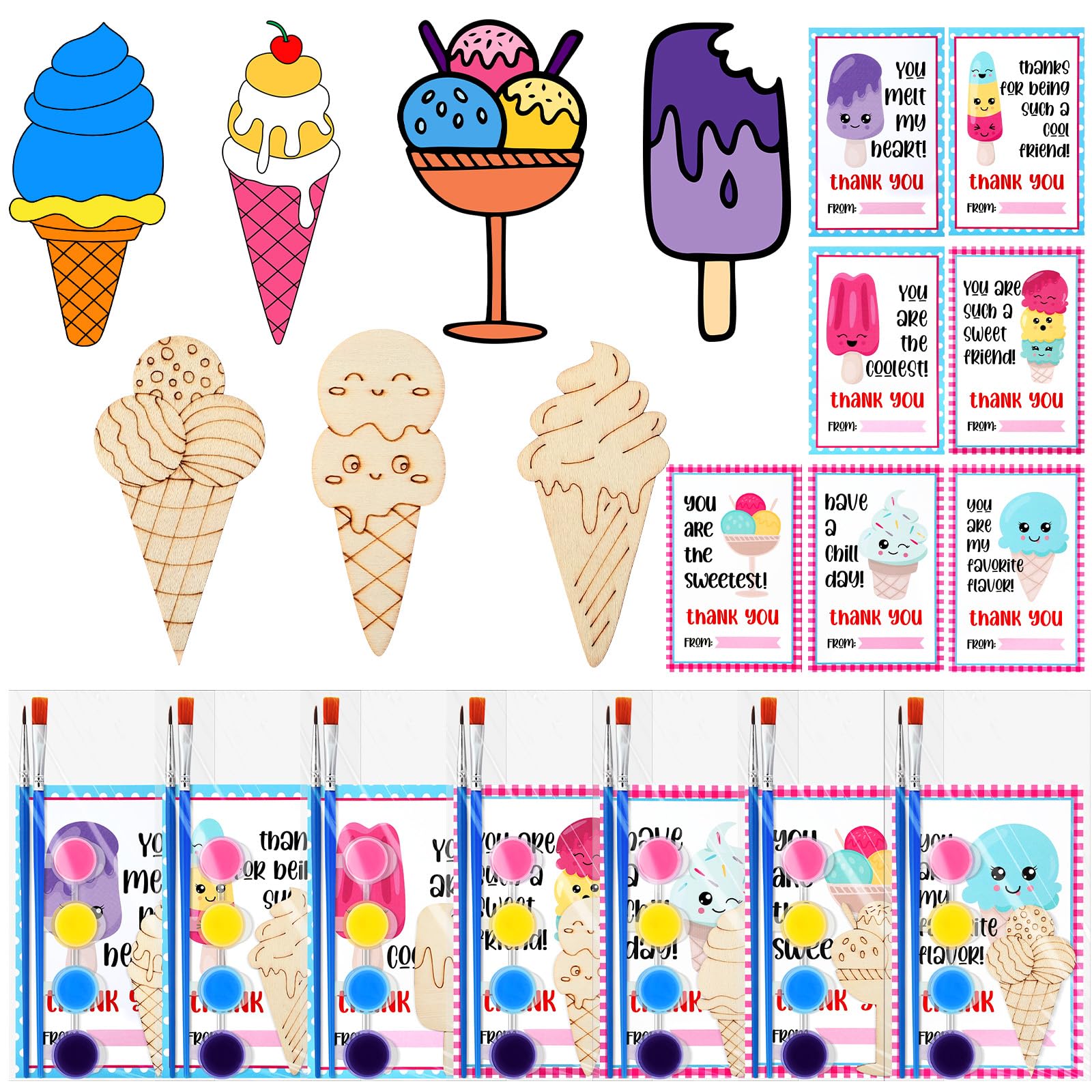 Leinuosen 28 Sets Ice Cream Party Favors Wood Painting Craft Kits with Art Supplies and Inspirational Cards Thank You for Coming